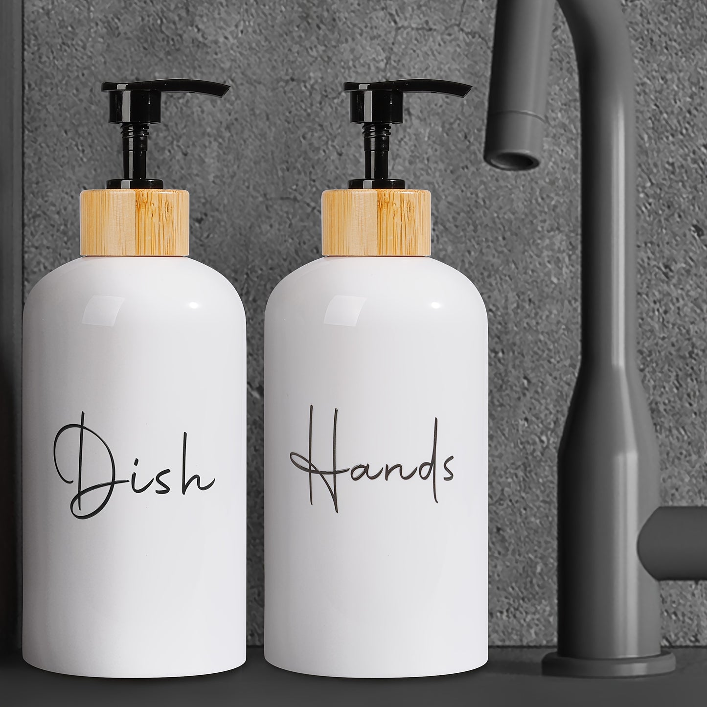 Pair of 500ml letter graphic soap dispensers, versatile for kitchen and bathroom, leak-proof, easy to refill and clean, stylish home decor storage solution in black and white. Ideal as a Christmas or Halloween gift decoration.