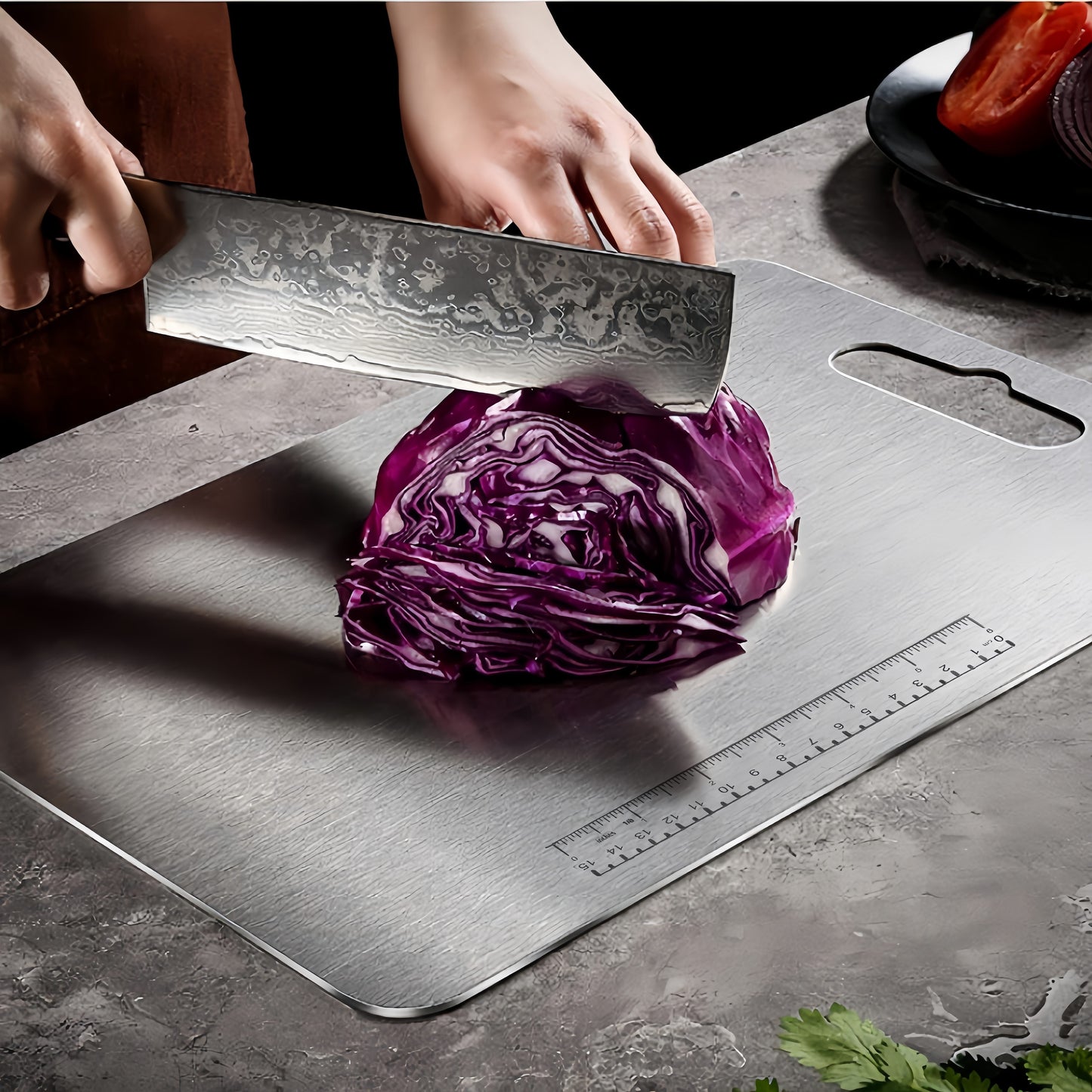 Three stainless steel cutting boards with scales, featuring a double-sided food grade design that can be hung in the kitchen. Ideal for cutting meat, fruits, and vegetables.