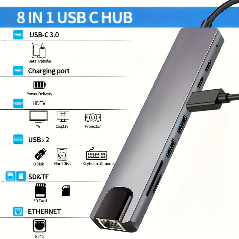 8-in-1 Multi-Port Expansion Dock with USB-C to 4K HDTV Adapter, Ethernet, SD/TF Card Reader, Quick Charging, and USB 3.0/A Ports for MacBook and Windows Laptops.