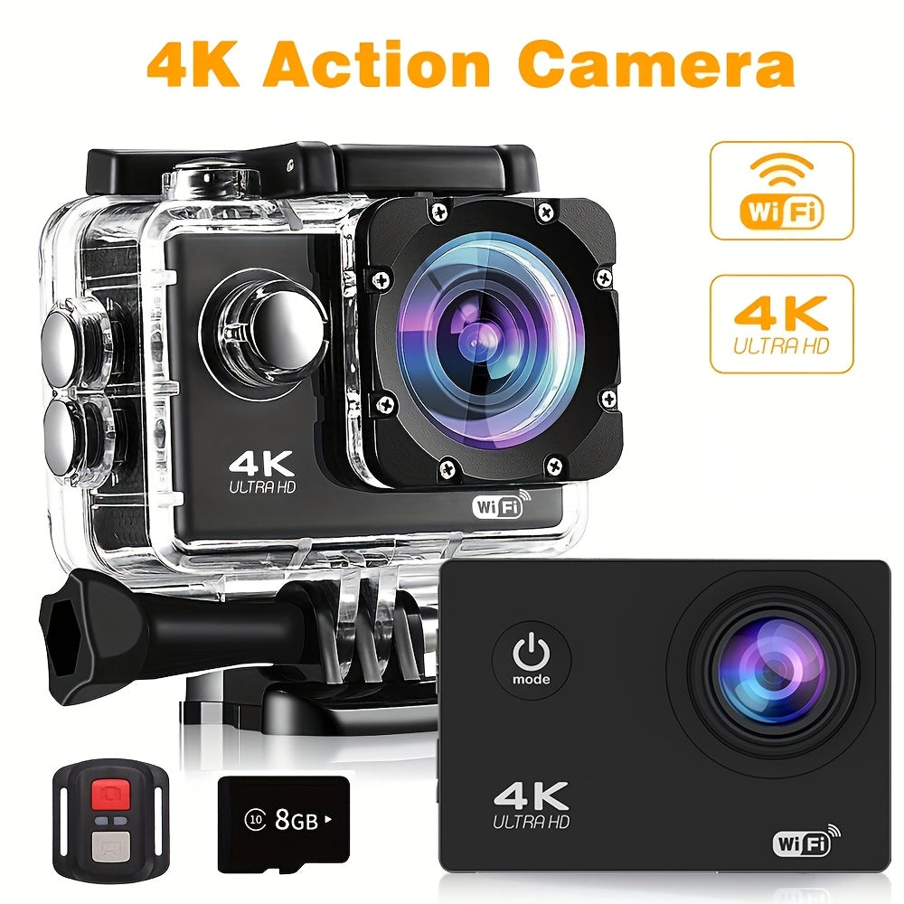 4K Ultra HD Action Camera with WiFi, Remote Control, 8GB Card, and 170° Wide-Angle Lens - Capture Your Adventures in High Definition