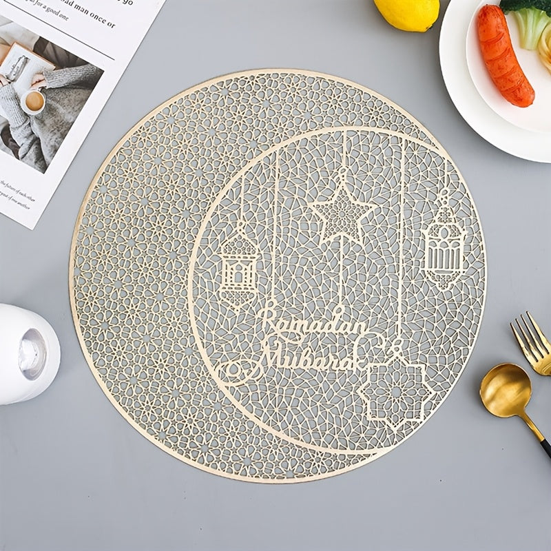 Celebrate Ramadan in style with our exquisite Golden Moon Star Hollow Cutlery Mat. This PVC round table mat measures 38.1cm and features a non-slip design, making it perfect for festive occasions. The heat-resistant and anti-scalding dining pad is ideal