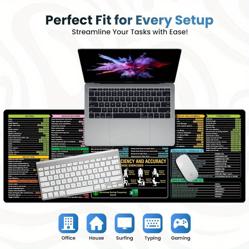 Excel Shortcuts Mouse Pad - Non-Slip Desk Mat with Stitched Edges for Keyboard and Mouse