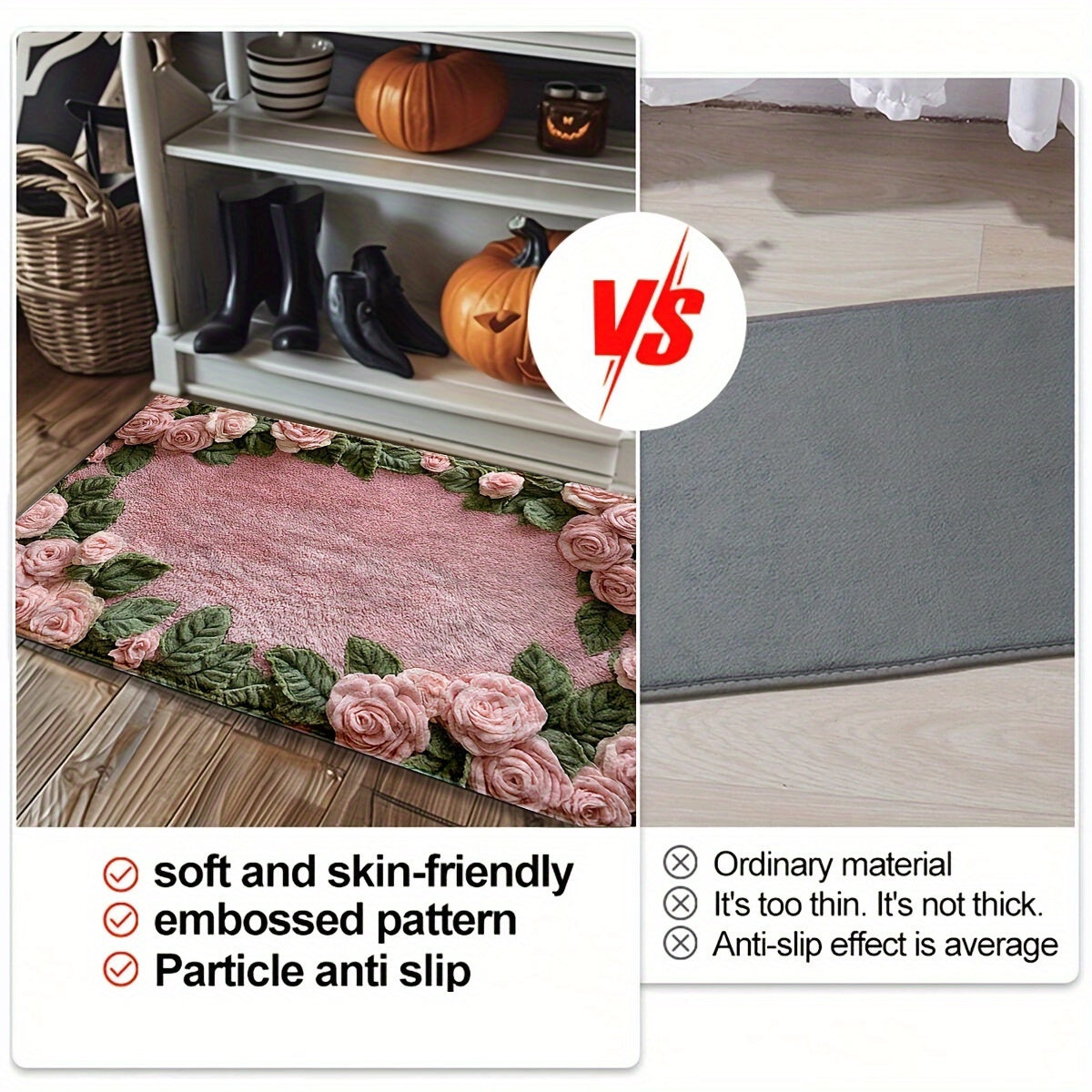 Stylish Pink Rose Non-Slip Bath Mat - Machine Washable, Low Profile with TPR Backing, Knitted Fabric for Bathroom, Bedroom, Kitchen & Entryway - Ideal for Winter Home Decor, Suitable for Outdoor Areas