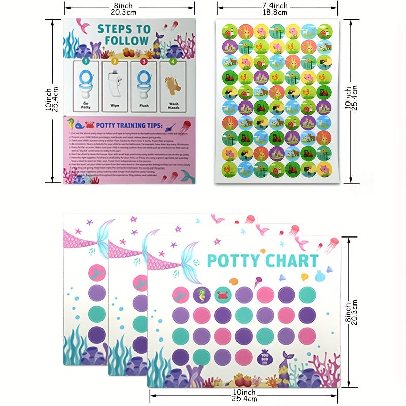 Sticker charts for children's toilet training featuring mermaid, car, and farm designs. Includes stickers for Christmas, Halloween, and Thanksgiving gift rewards.