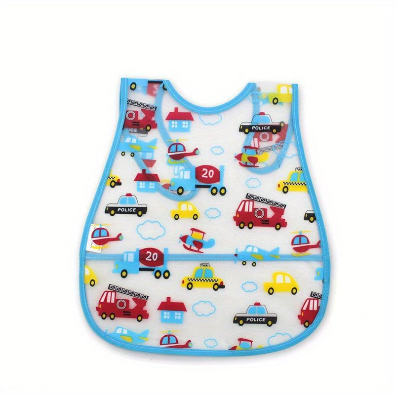 Waterproof bib for boys and girls with snap closure, dirt-resistant pockets, cute strawberry and car prints, made of comfortable EVA material. Suitable for universal feeding, featuring