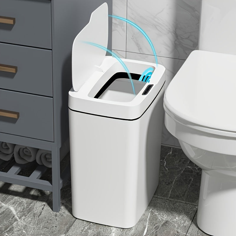 Introducing the COCHILDOR Touch-Free Motion Sensor Trash Can with Odor-Sealing Lid: A versatile plastic waste bin perfect for use in the bathroom, living room, or kitchen. Featuring a smart open lid design for added convenience.