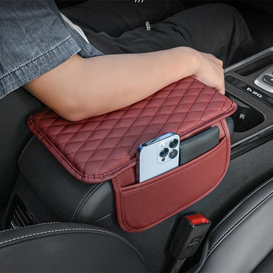 Red PU Leather Car Armrest Pad with Quilted Design, Elbow Support, Storage Pocket, and Scratch-Resistant Protective Cushion for Comfortable Driving.