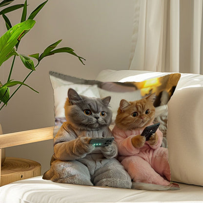 1pc Playful Cats with Phones Cushion Cover, 45x45cm, Single-Sided Print, Peach Skin Velvet, Contemporary Style, Polyester, Zipper Closure, Machine Washable, Sofa Pillow Case