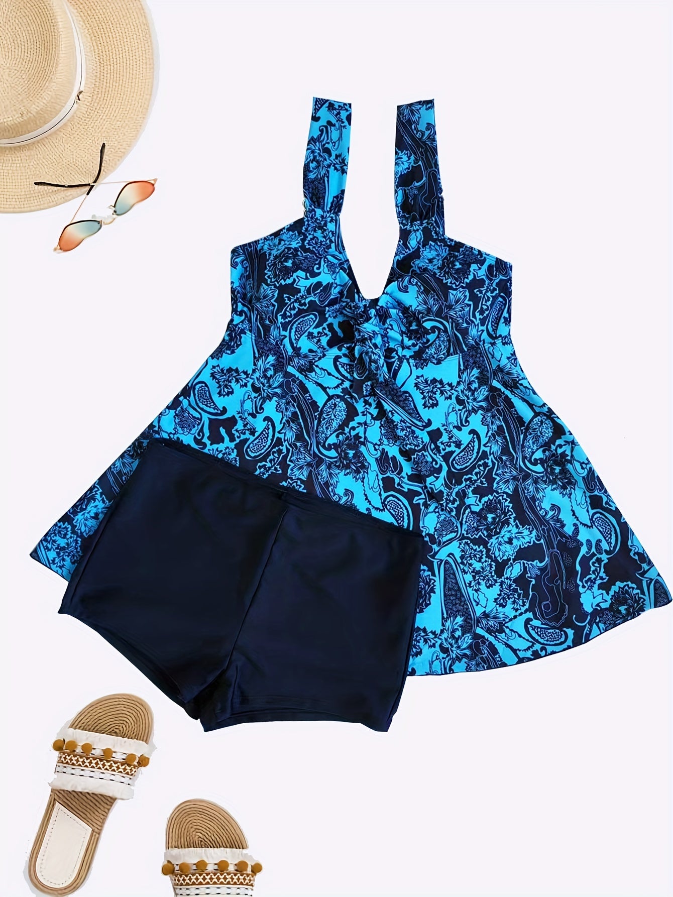 Boho-style tankini set with paisley print, includes tie-front tank top and panty swimsuit