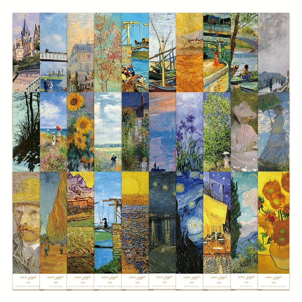 30pcs Classic Oil Painting Art Bookmarks featuring Van Gogh and Monet, DIY decorative small cards.