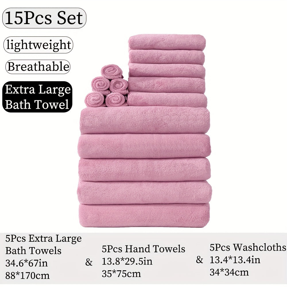 15-piece ultra-soft microfiber towel set in multiple colors, ideal for home and hotel showers.