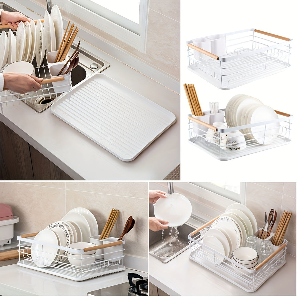 LDQ Single-Tier Dish Rack with Removable Cutlery Holder, Drip Tray, Wooden Handle, White, Large Capacity, Rustproof, Kitchen Counter Organizer