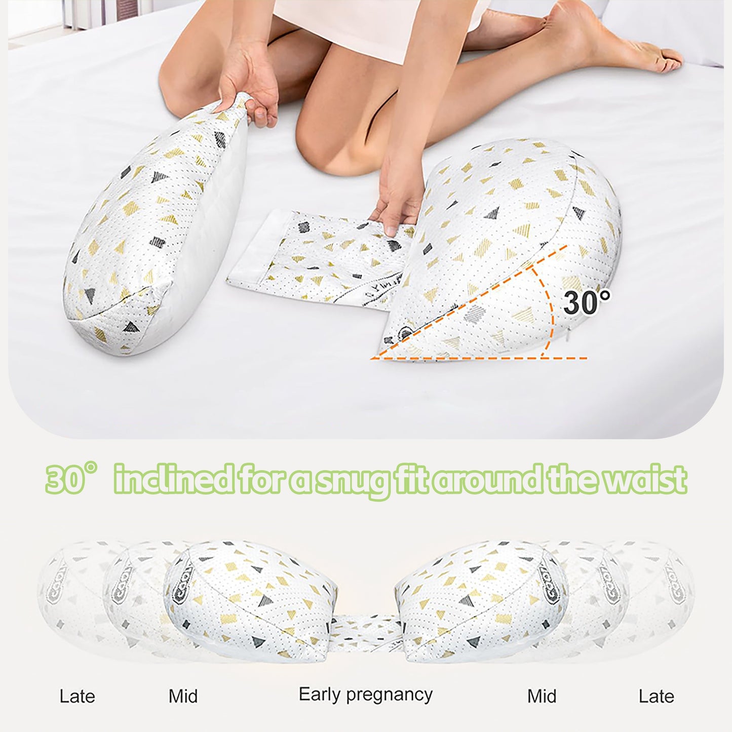 Extra firm U-shaped maternity pillow with hidden zipper for easy removal, breathable design for comfortable side sleeping, and removable pillowcase for added convenience. Features lumbar support cushion for added comfort.