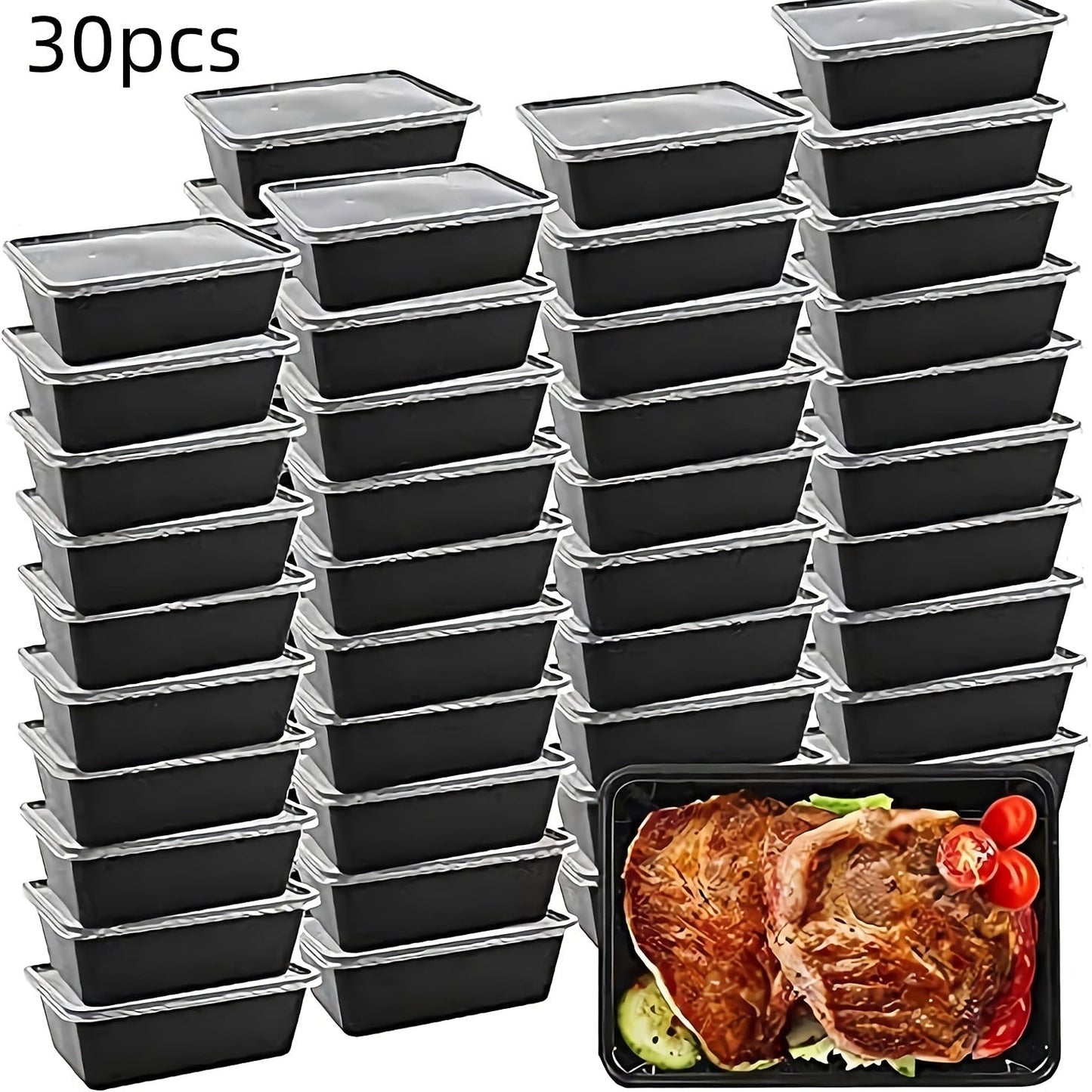 The package includes 10, 20, and 50 black lidded food storage containers. These ultra-thick plastic containers are portable and disposable, perfect for takeout meals. They are BPA-free and safe to use in the dishwasher, microwave, and refrigerator. Each