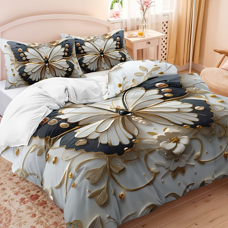 Butterfly floral duvet cover set with animal print, insect theme, and breathable polyester. Includes 1 duvet cover and 2 pillowcases. All-season and machine washable. Digital print