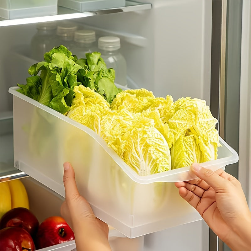 Sliding Refrigerator Organizer Bins - Set of 4, Stackable Storage Drawers for Fruits, Vegetables, Eggs, and Frozen Foods. Multi-functional Kitchen Organizer with Rolling Casters and Food-Safe Plastic Material ideal for Countertop and Sink Organization.