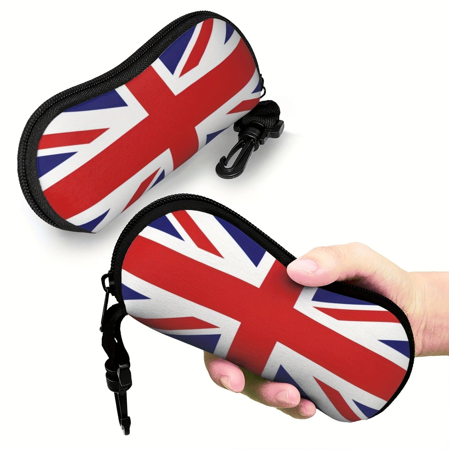 Waterproof glasses case featuring British flag print and keychain, made of ultra-light and soft neoprene material. Ideal for storing fashion eyewear and reading glasses, suitable for both men and women on the go.