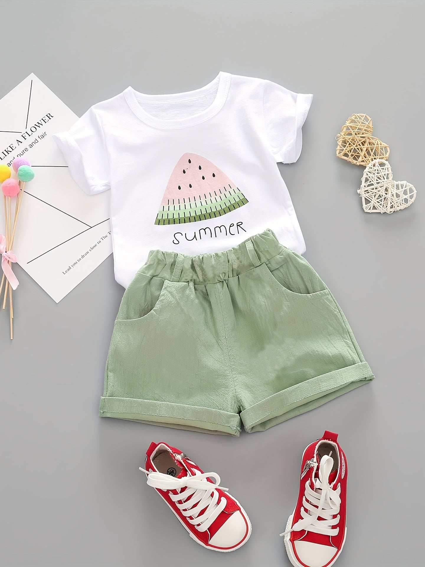 Baby girls summer 2-piece cotton set with watermelon pattern tee and casual shorts.