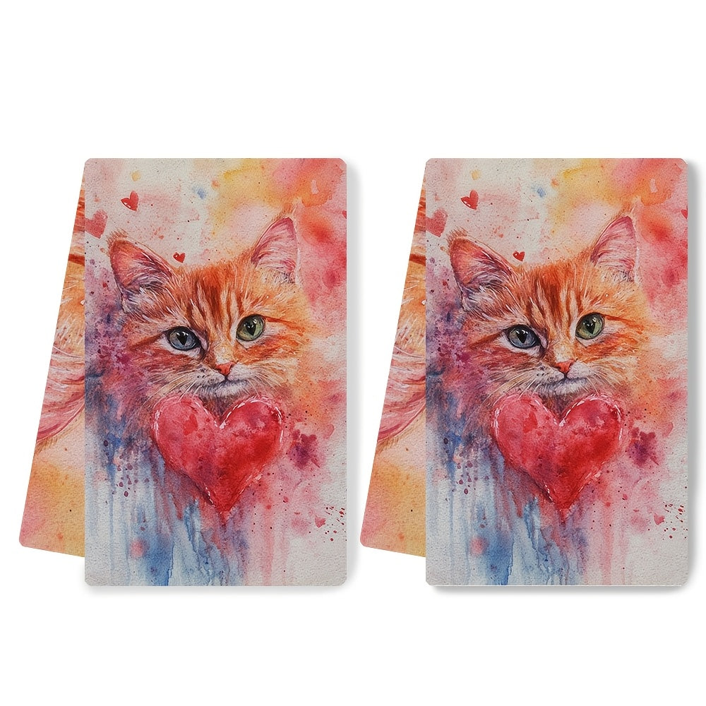 Pair of 2 Ultra-Soft Kitchen Towels with Adorable Kitty Design, Ideal for Valentine's Day. These Highly Absorbent Dish and Hand Towels are Great for Holiday Decor, Machine Washable, and Measure 40.64X60.96 cm.