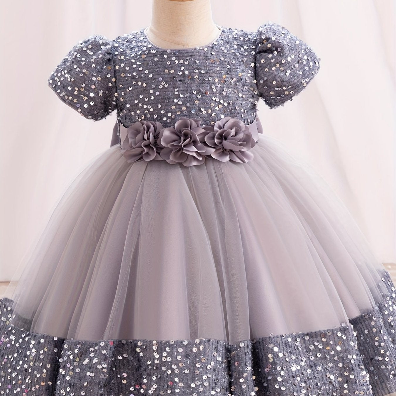 Sparkling gown dress with 3D flower decor and sequins, perfect for weddings, birthdays, and parties.