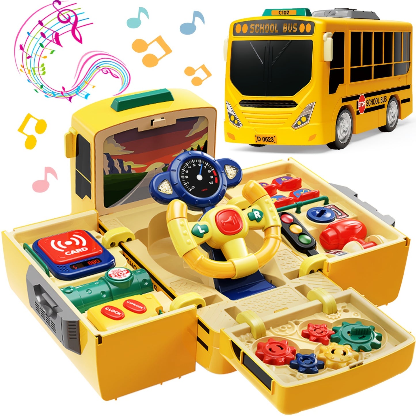 Toy school bus with sound, light, steering wheel, music education, simulation driving, for boys and girls.