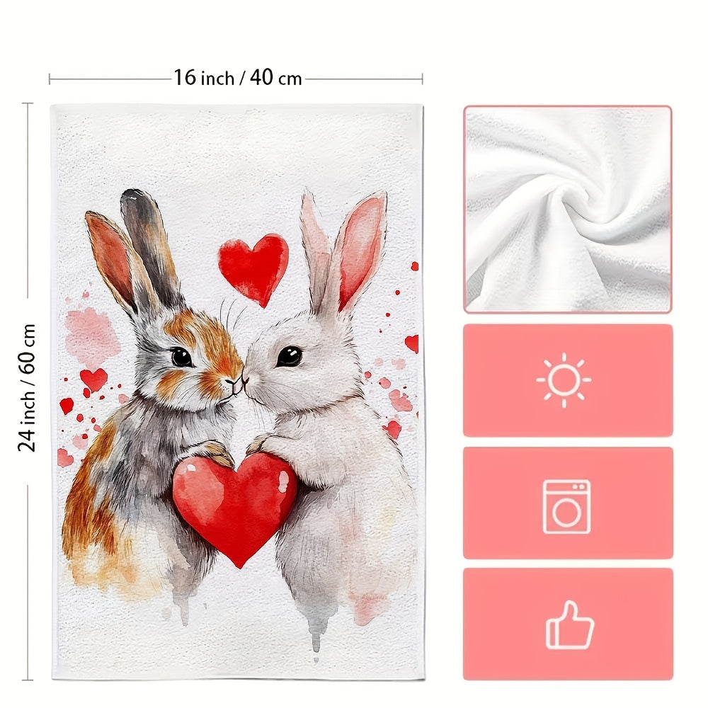 Celebrate Valentine's Day with these 2 ultra soft kitchen towels featuring an adorable bunny and heart design. Made from highly absorbent polyester, these dish hand towels are easy to clean as they are machine washable. Their contemporary style and