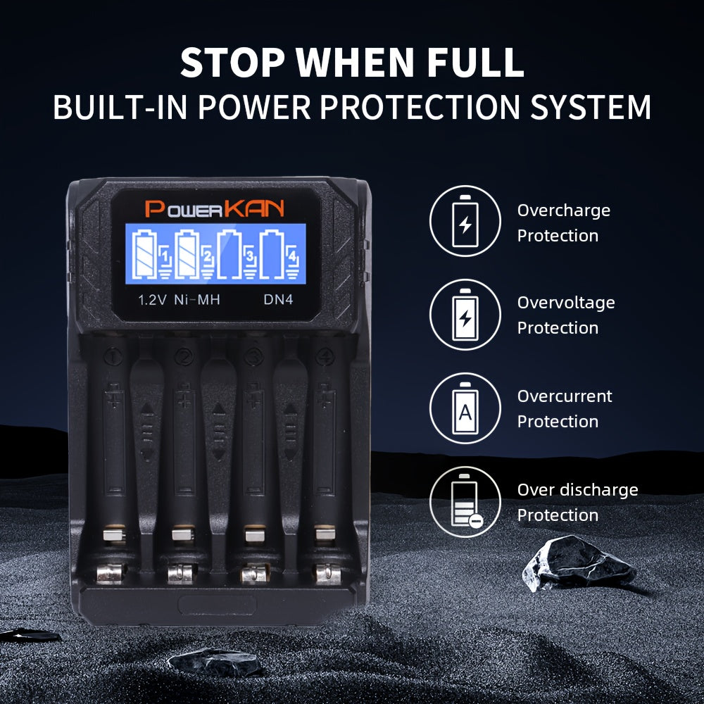 The PowerKAN Compact 4-Slot Smart Charger charges AA/AAA Ni-MH/Ni-Cd Batteries with USB Type-C, LCD Display, Overcharge Protection, Black or White, Portable.