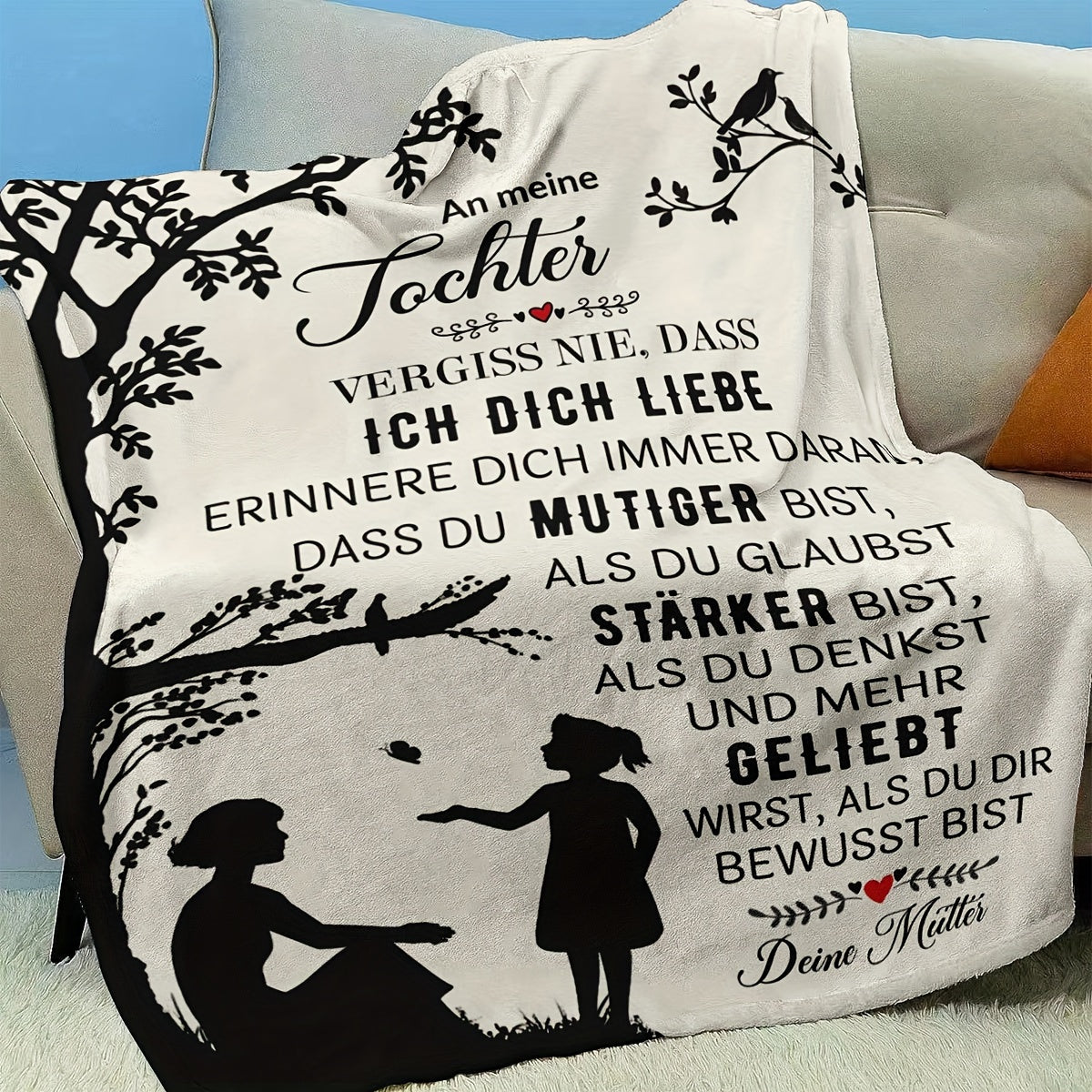 Modern German-themed Throw Blanket featuring a motivational quote, made of polyester and digitally printed. This all-season cozy blanket weighs between 200-250gsm, perfect for use in the office, home decor, bed, sofa, car, or nap. Ideal gift for your