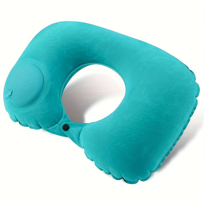 Modern style portable inflatable U-shaped neck pillow that provides automatic cervical support. It is lightweight with a velvet cover and adjustable closure, perfect for use at home, in the office, or in the car. This pillow must be hand washed for