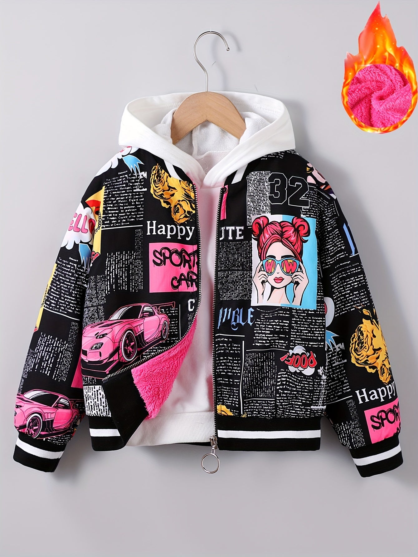 Cozy fleece-lined bomber jacket for girls in pop art print, perfect for fall/winter. Available in sizes 130-170.