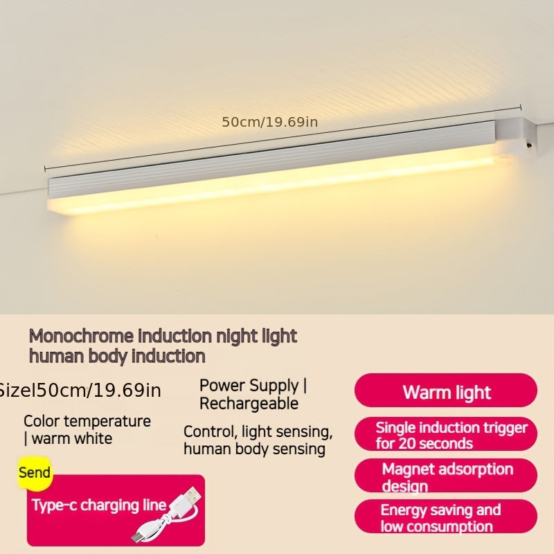 Wireless, rechargeable LED cabinet light with magnetic suction for staircases and hallways.