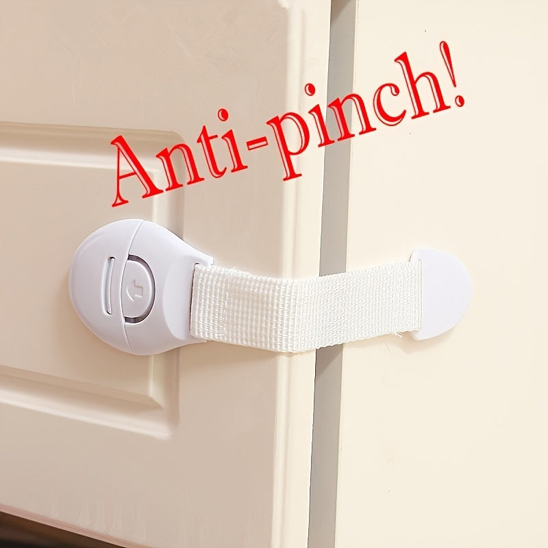 Secure your drawers and cabinets with this 10-pack of white safety locks and straps. Made of lead-free plastic, these adjustable anti-pinch latches are perfect for children aged 3-6 years and 6-8 years. Keep your little ones safe with these easy-to-use