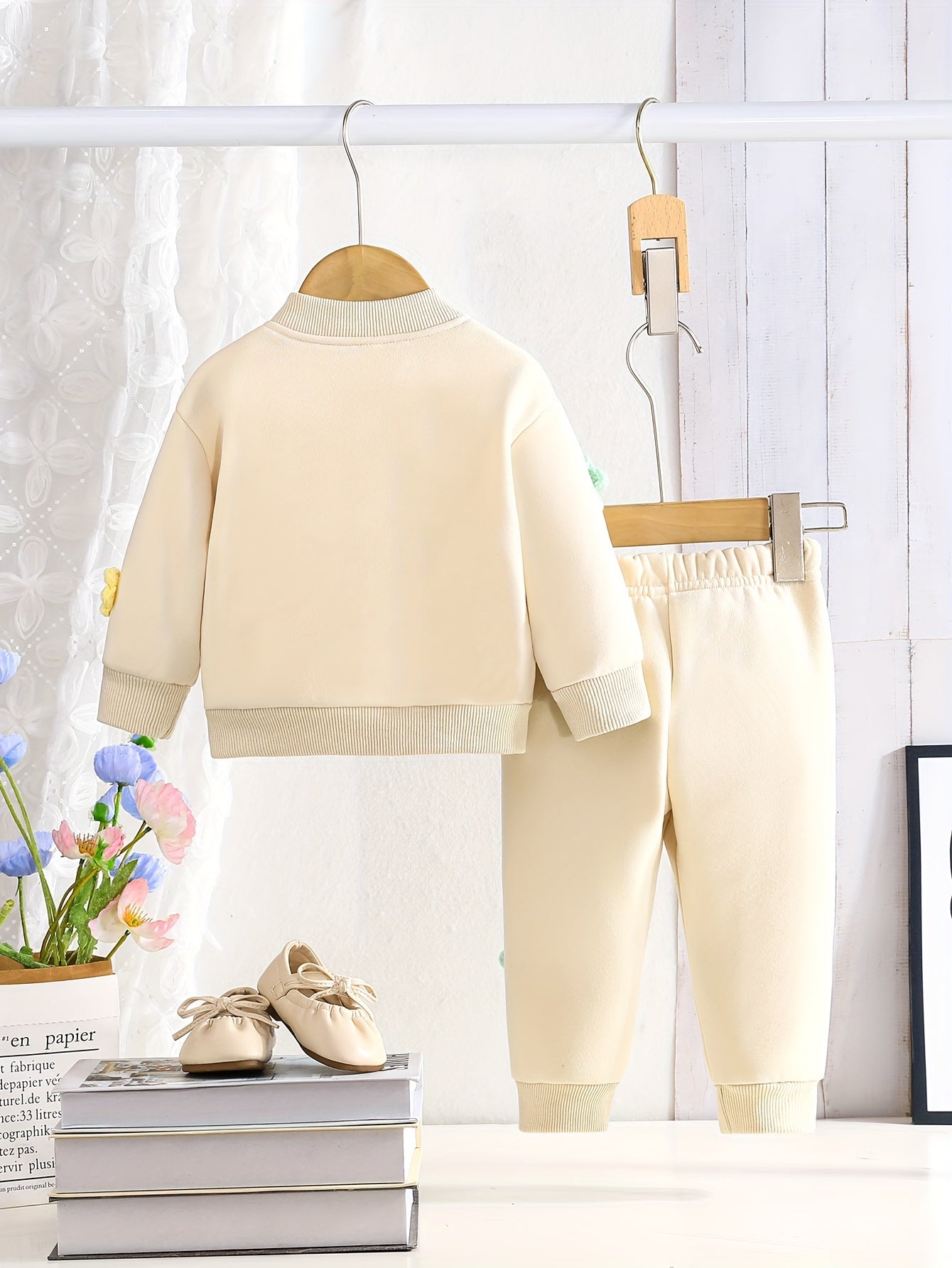 Baby girl's 2-piece colorful flower varsity + casual pants set for outdoor wear in fall and spring.