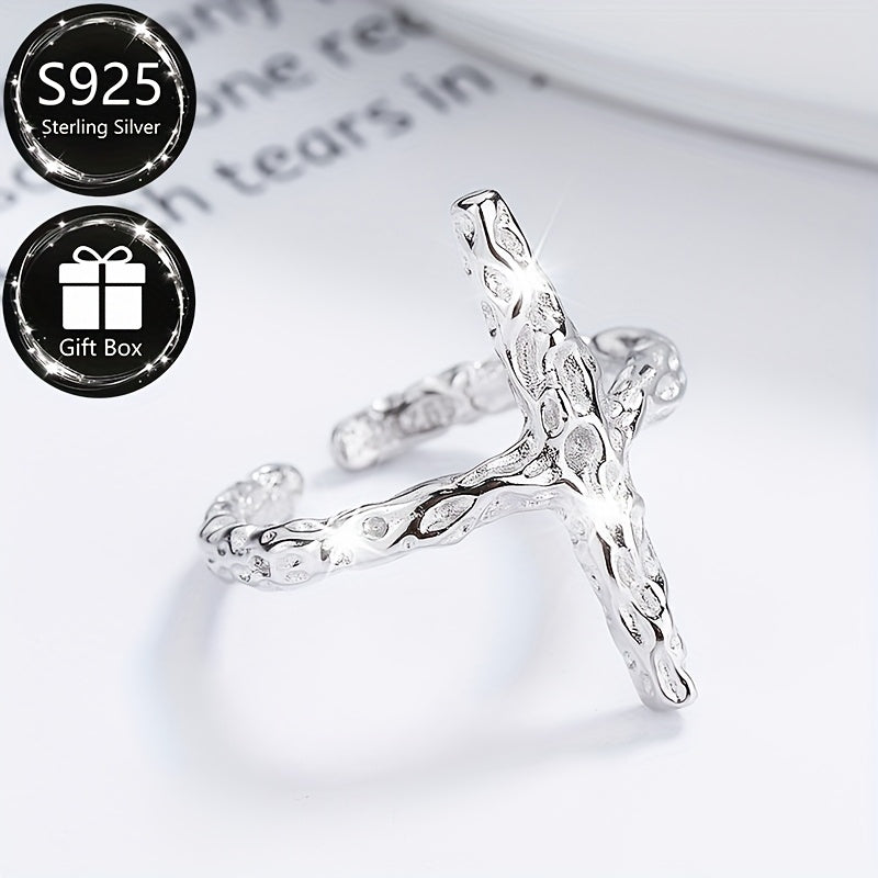 925 Sterling Silver Adjustable Open Cross Ring, featuring an Elegant and Simple design with Textured Folding Pattern. Perfect for both daily wear and special occasions. Suitable for both men and women.