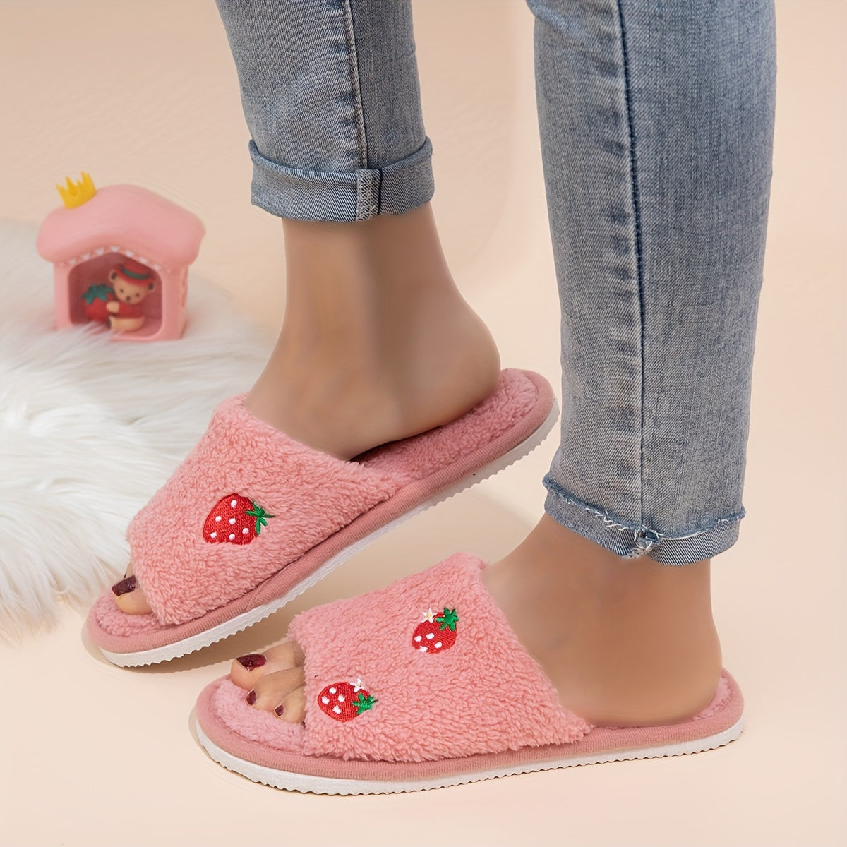 Strawberry embroidered open-toe slippers for women, with cozy comfort, lightweight design, non-slip sole, and machine washable.