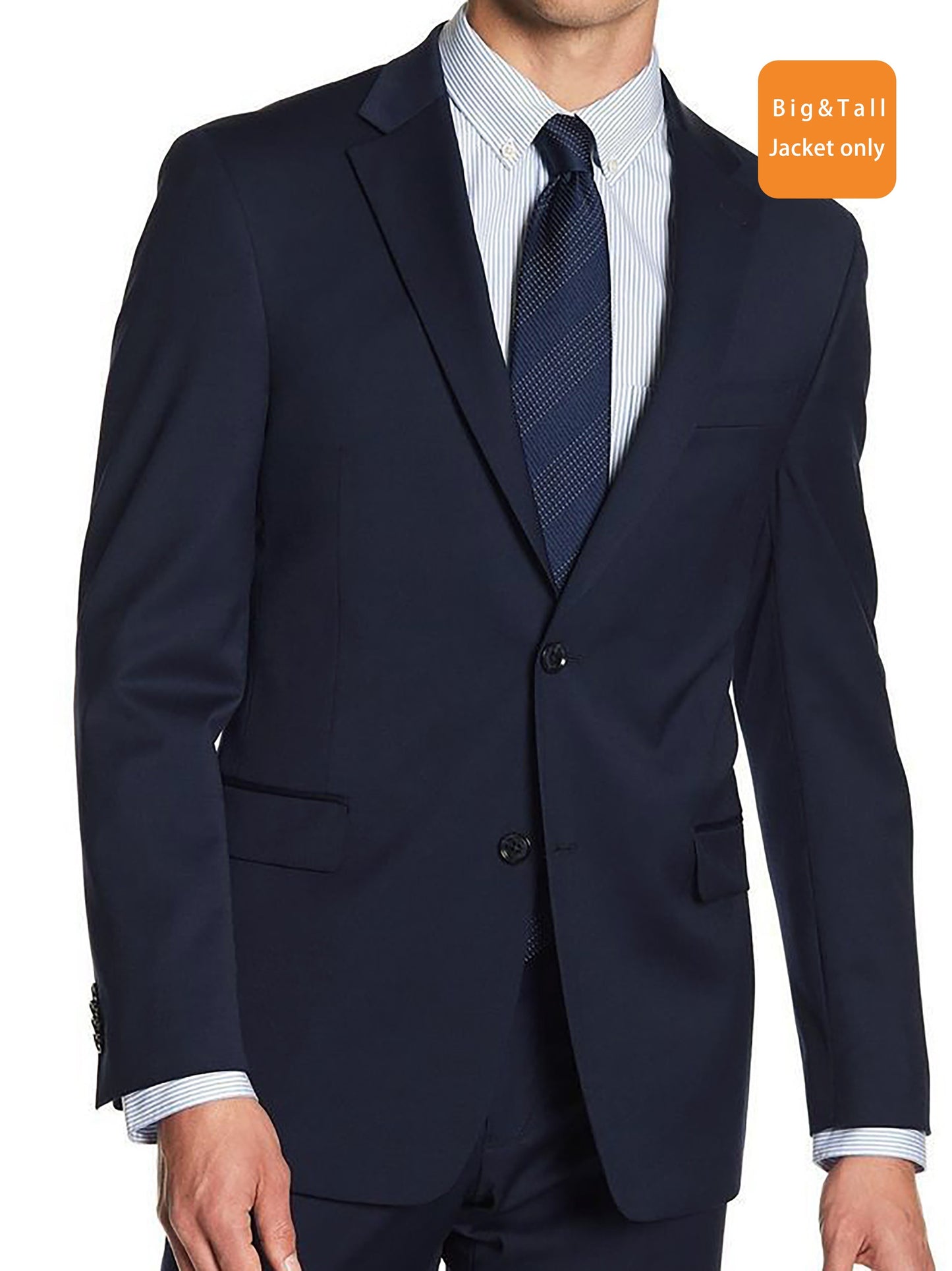 Plus size navy blue suit jacket for casual or professional wear, relaxed fit with flat lapel.