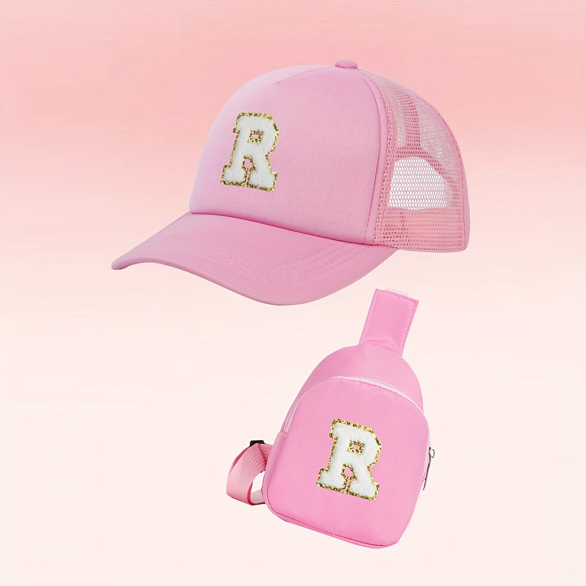 Alphabet-themed 2-piece set for girls includes a polyester baseball cap and bag, suitable for ages 3-14. Features a fitted, breathable design ideal for daily wear and special occasions