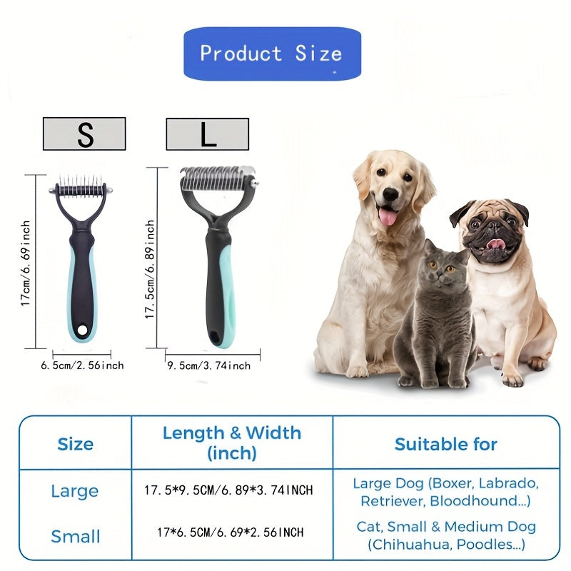 Dual-sided dog grooming brush removes knots and undercoat easily.