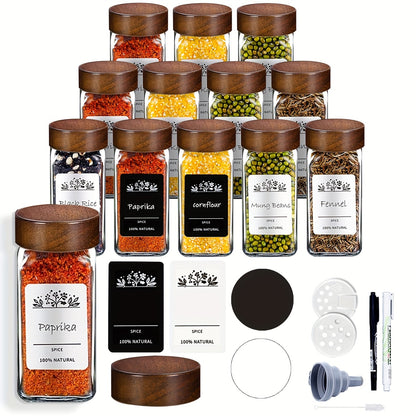 Set of 6, 12, or 24 glass spice jars with sandalwood lids. Each jar holds 120ml and comes with labels for kitchen organization.