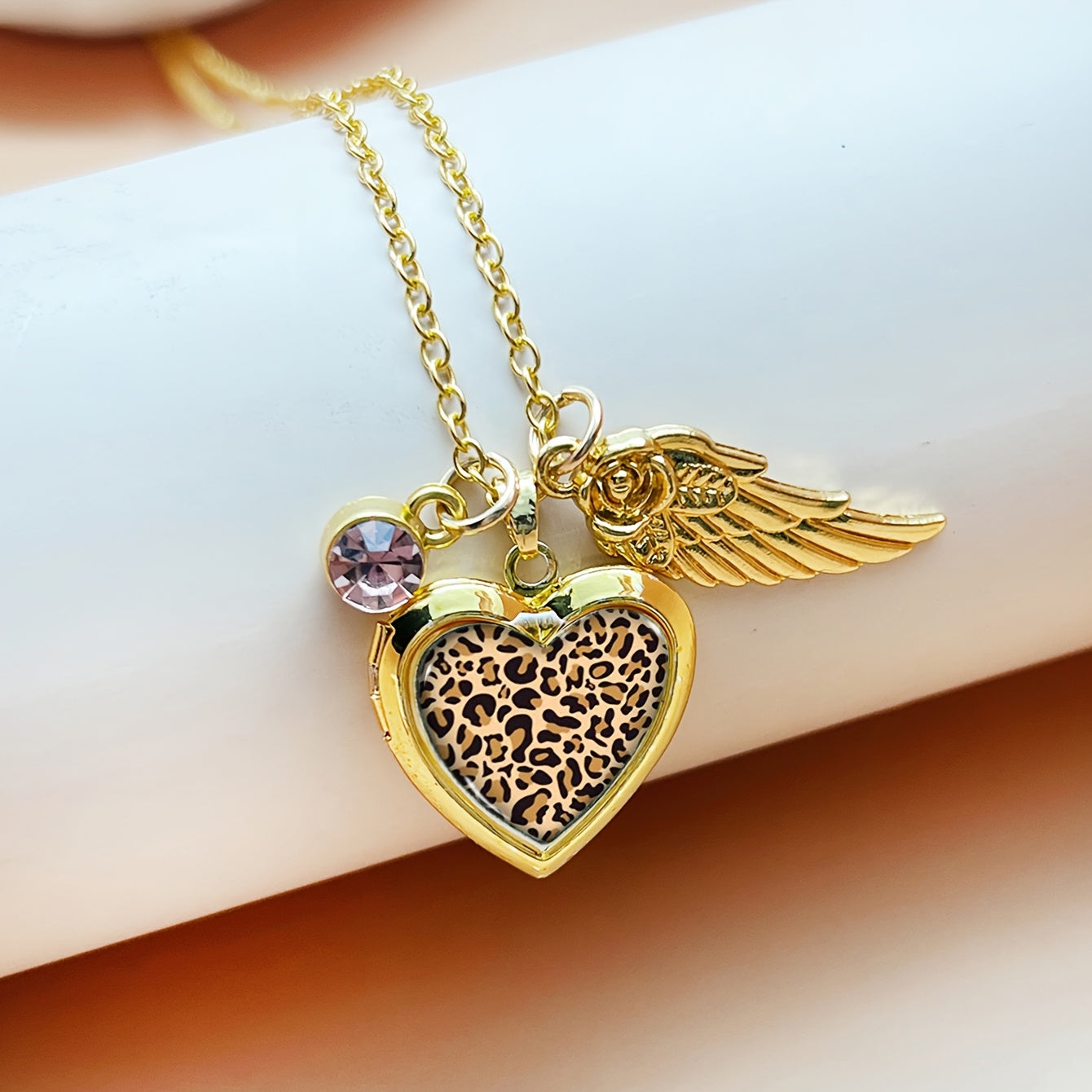 Stylish Heart-Shaped Photo Locket Necklace with Leopard Print Design, December Birthstone, Rhinestone Detail, Copper Material - Comes in a Red Gift Box, Ideal for Valentine's Day or Anniversary Celebrations, Golden Color, Wing Accent