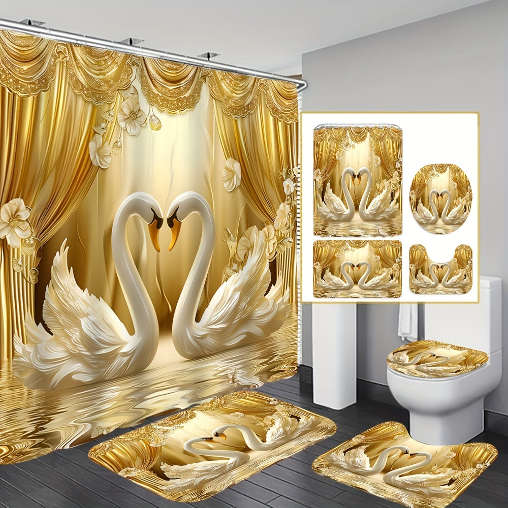 Golden 3D Swans Bathroom Set: Includes Free Hooks, Curtain, Mat, Seat Cover, And Rug - Ideal for Valentine's Day or year-round romance