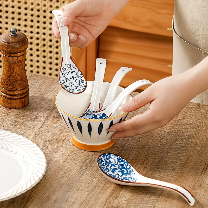 4 ceramic soup spoons for eating ramen, soup, and stirring in Japanese household creative design.