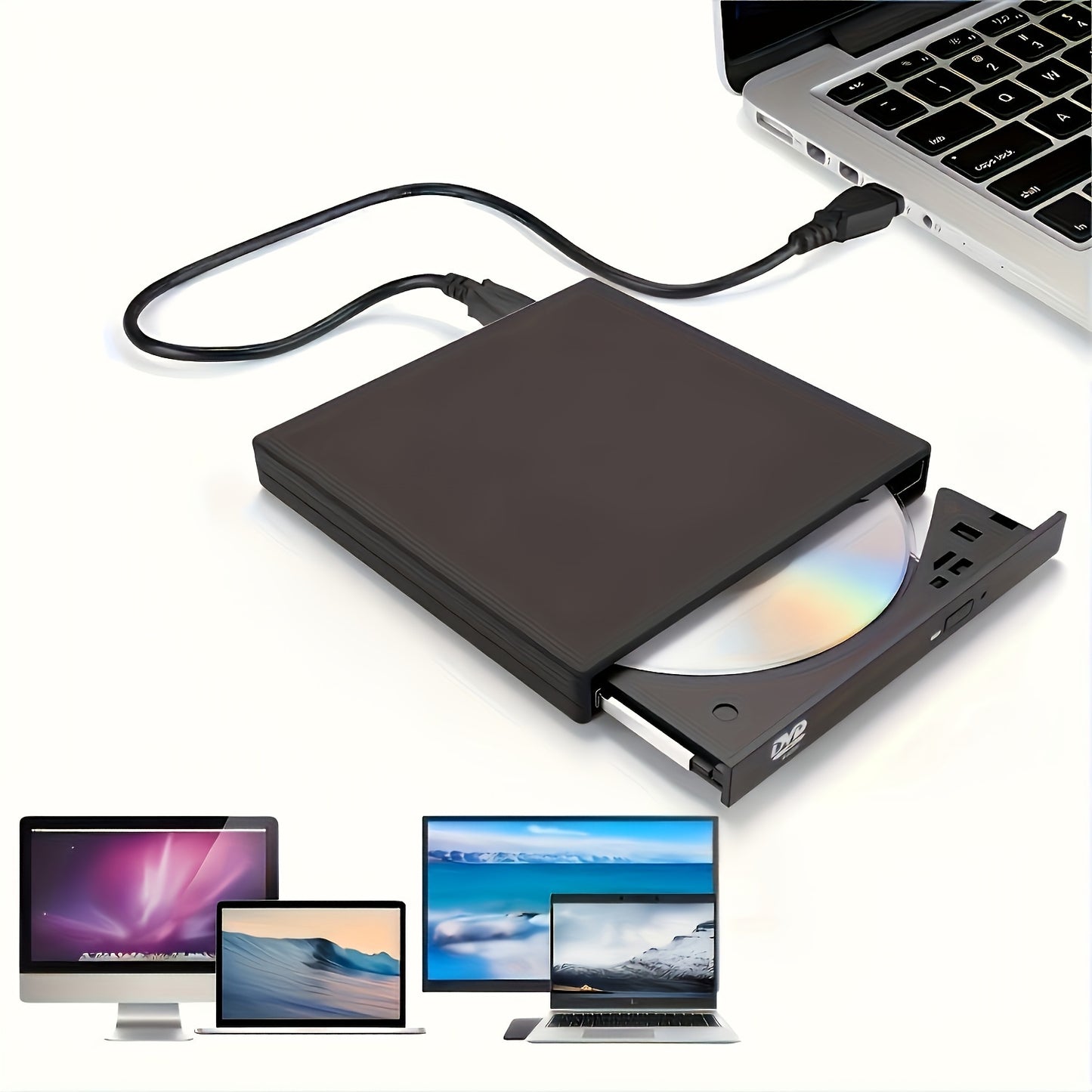 Portable CD/DVD-ROM drive for laptops and desktop computers with storage bag included.