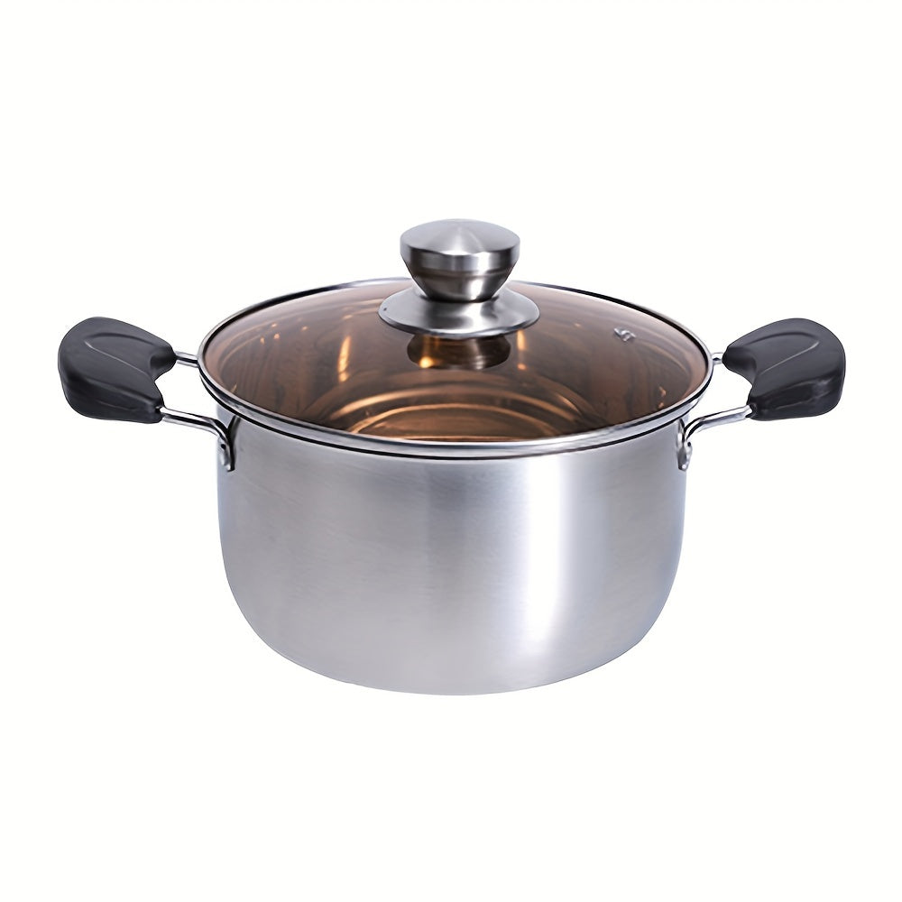 Soup pot with lid made of stainless steel - featuring dual handles, compatible with induction cooktops, and safe to use in the dishwasher for home kitchen cooking.