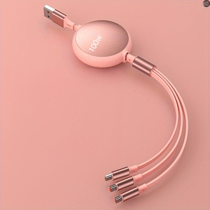 Retractable USB charging cable with 6A 100W fast charging for iPhone, Huawei, Samsung, etc. Data sync speed of 480Mbps and USB power supply under 36V.