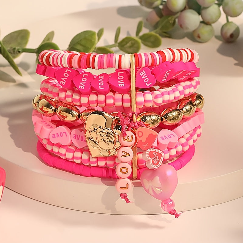 A chic and eclectic Bohemian pink Valentine's Day bracelet featuring a multi-layered design with beaded LOVE flower and 3D heart pendant. This exquisite piece is ideal for adding a touch of romance to any woman's Valentine's Day ensemble and can be worn