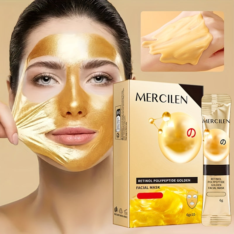 MERCILEN Retinol Polypeptide Golden Facial Mask - 10pcs, 6g each. Deep cleanse, firm, and moisturize for smooth, radiant skin. Contains Hyaluronic Acid & Vitamin E. Suitable for all skin