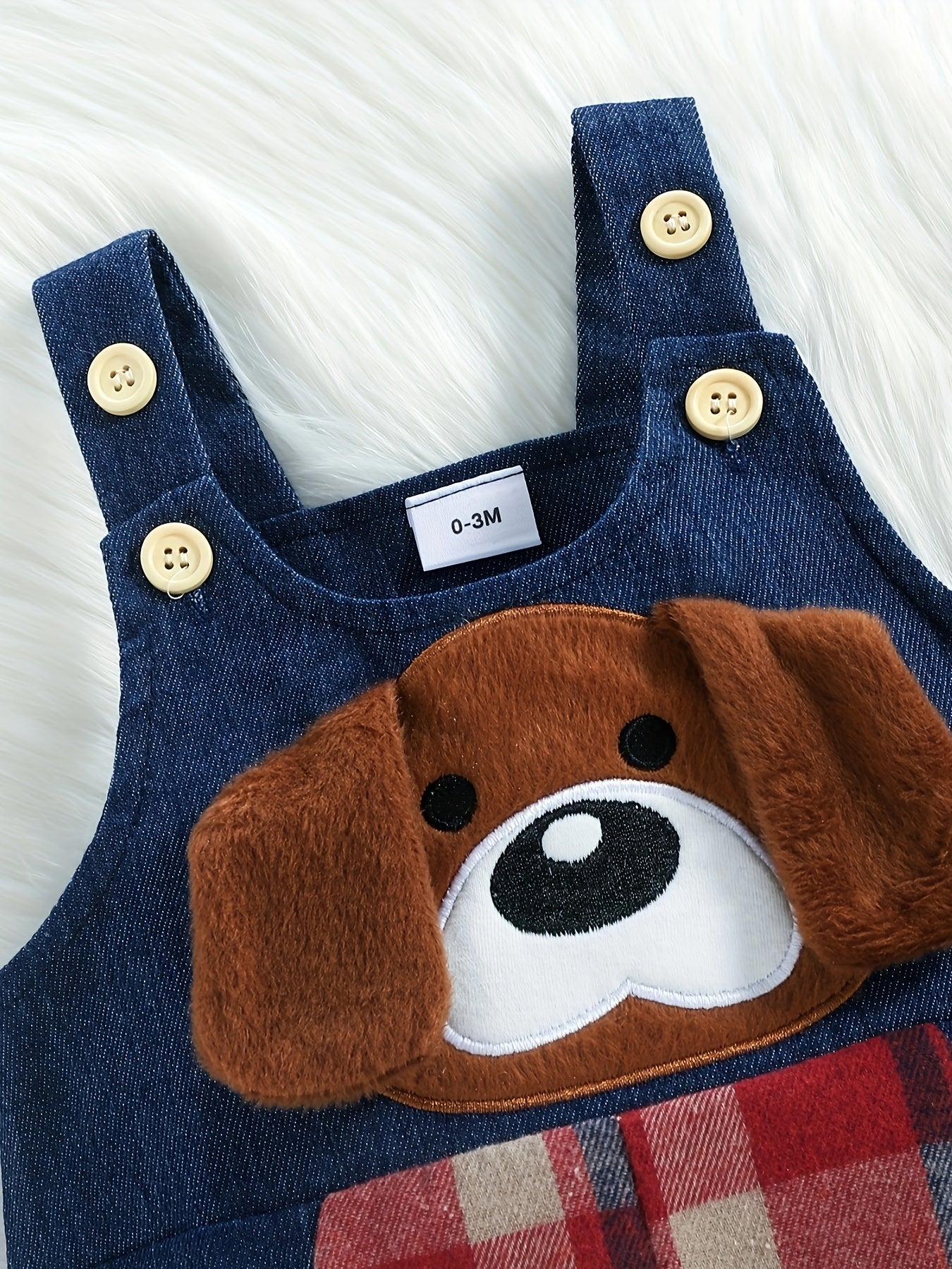 Plaid long sleeve bodysuit with jeans overalls set for boys aged 0-18 months, featuring stand collar, button detail, and woven fabric for outdoor wear.