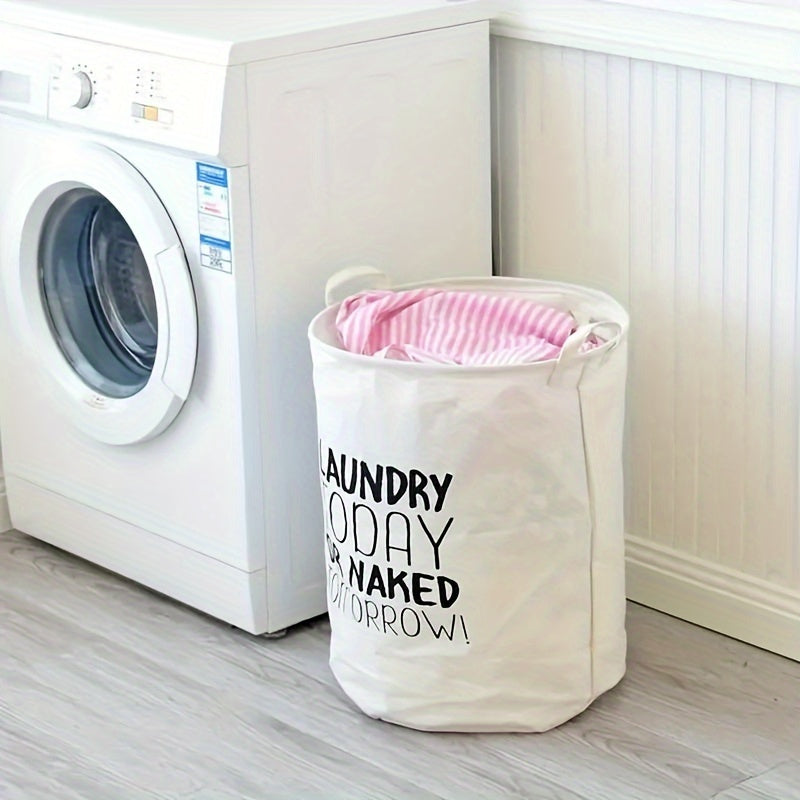 Contemporary Foldable Fabric Laundry Basket with Waterproof Lining, Features "LAUNDRY TODAY OR NAKED TOMORROW!" Slogan, Ideal for Organizing Dirty Clothes in the Laundry Room, Includes Multiple Components