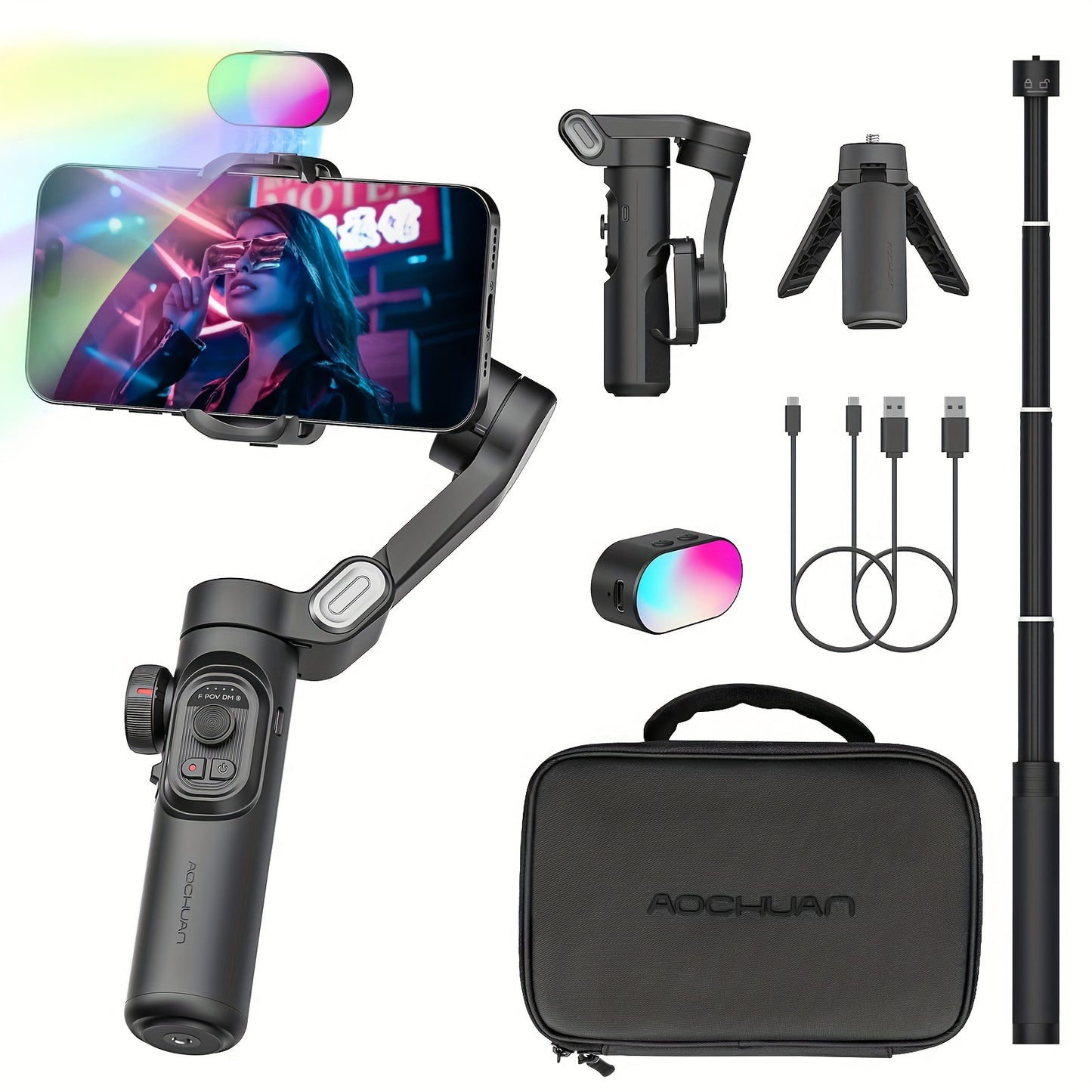 AOCHUAN Smart XE Combo1: 3-Axis Phone Gimbal Kit with RGB Fill Light, Extension Rod, Tripod, USB-C Cable & Carrying Case - Great for TikTok, YouTube & Android Phones